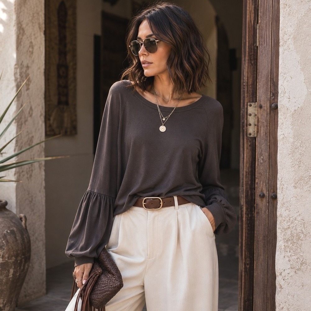 Chaser Boho Romantic Balloon Sleeve Boat Neck Soft Blouson Top Espresso Brown M‎